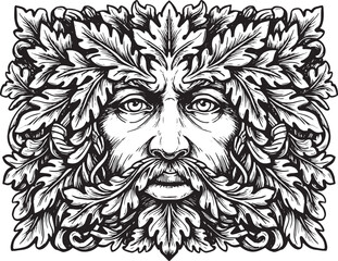 Monochrome woodcut illustration of a Green Man with leafy featur