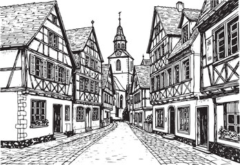 Obraz premium Charming Black and White Woodcut Illustration of a Quaint Europe
