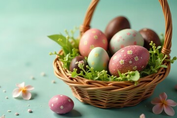 Colorful chocolate Easter eggs in a basket, springtime treat , dessert, spring, happy easter