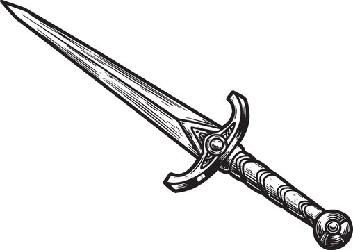 Hand-drawn woodcut illustration of a valkyrie sword in black and