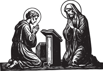 Fototapeta premium Religious Devotion, A Vintage Woodcut Illustration of Prayer and