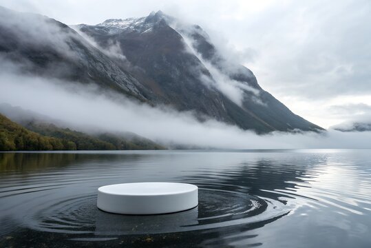 White platform on lake with mountains and fog in background scenery