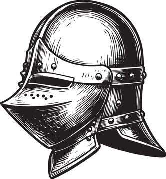 Detailed woodcut illustration of a medieval spangenhelm helmet o