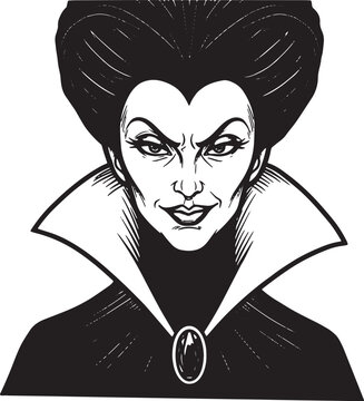 Intricate woodcut illustration of a classic evil queen character