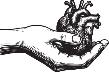 A Tender Offering, Hand Presenting a Human Heart in Detailed Woo