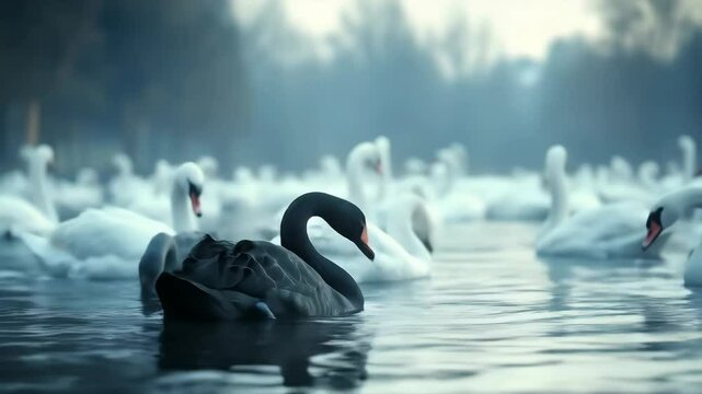 A lone black swan among white swans on a misty lake.
