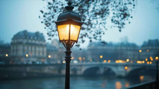 Romantic glowing lamppost on a rainy London street at dusk.