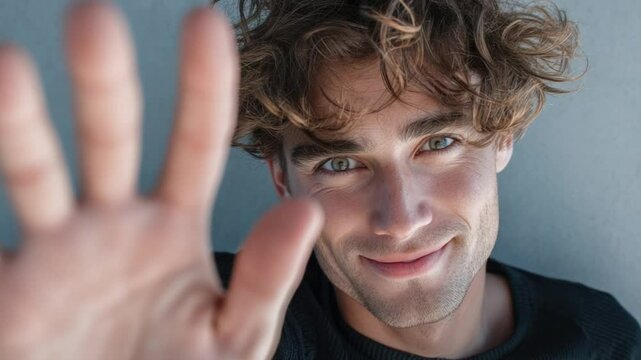 Friendly Gaze: A handsome young adult extends a hand in a gesture of goodwill.