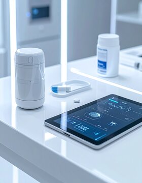 Futuristic White Surface with Smart Health Devices: Digital Tablet Displaying Data, Pill Dispenser, and Medication Bottle. Innovative Healthcare Technology & Wellness.