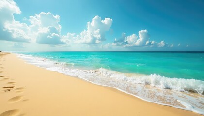 Fototapeta premium Golden sand meets turquoise ocean, endless horizon , horizontal, beach, blue