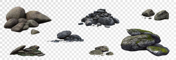 Set of realistic rocks and boulders, stones overgrown with moss, beautiful background of stones of different sizes for design, vector, png.	

