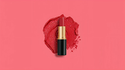 Elegant Red Lipstick with Smudge on a Matching Pink Background