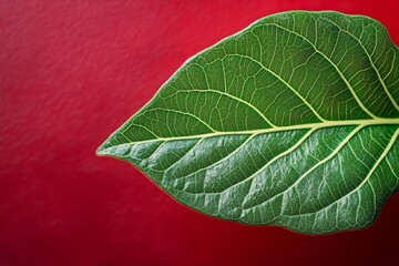 Close-up of a vibrant green leaf against a deep red background.
