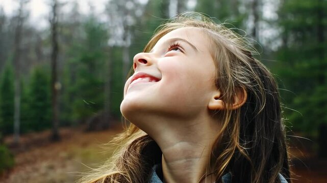 Joyful Gaze in the Forest: A young girl beams with delight, her eyes sparkling as she looks upward, surrounded by the enchanting embrace of a lush forest.