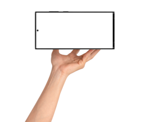 Close-up of hand holding modern smartphone with blank screen isolated.