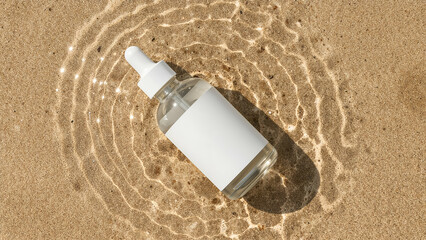 Glass Dropper Bottle on Sand with Ripples of Sunlit Water