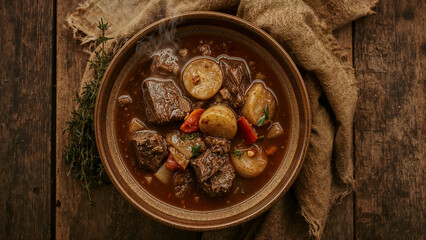 Rustic Bowl of Beef Stew with Vegetables on Wooden Table