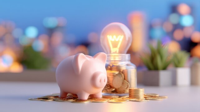 A pink piggy bank, coins, and a glowing light bulb in a jar symbolize savings, investment, and financial ideas with a blurred cityscape background.