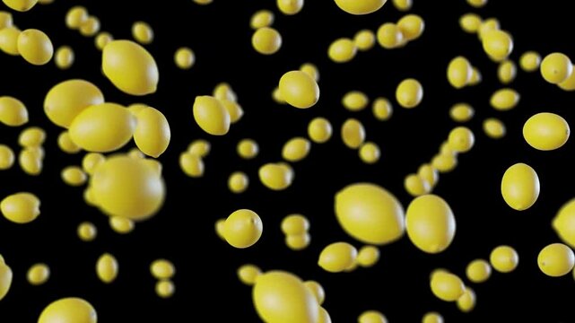 Lemons fall on a transparent background. Infinitely looped animation. 3D rendering