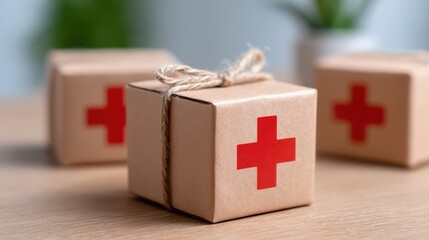 Small cardboard boxes with red crosses, symbolizing first aid or medical supplies, are placed on a wooden surface.