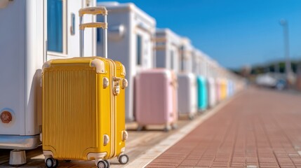 Colorful suitcases lined up outside small cabins under a clear blue sky, suggesting travel or vacation.
