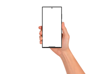 Close-up of hand holding modern smartphone with blank screen isolated.