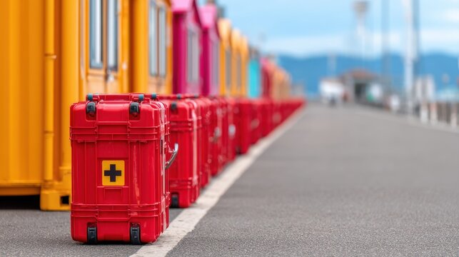 Bright red emergency medical kits lined up in front of colorful shipping containers on an outdoor pavement.
