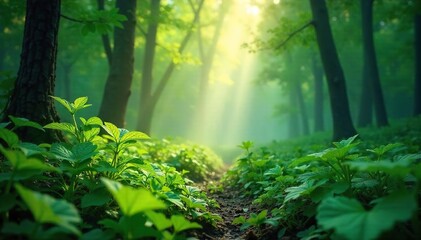 Obraz premium Ethereal mist clings to vibrant green leaves, creating a mystical and serene atmosphere in a lush forest Sunlight filters through the vapor, illuminating the dew-kissed foliage , wet, mist, botany