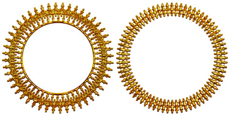 gold frame with gold ornament, This image features two intricately designed golden circular ornaments that resemble traditional Indian jewelry, possibly temple-style bangles or chokers. The 3D-rendere