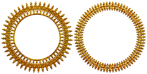 gold frame with gold ornament, This image features two intricately designed golden circular ornaments that resemble traditional Indian jewelry, possibly temple-style bangles or chokers. The 3D-rendere