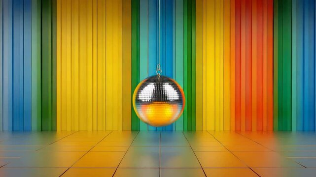 Disco Ball in a Rainbow Room: A vibrant, colorful 3D render of a disco ball hanging in a room with rainbow-colored walls and floor.  Perfect for party themes, music, and 70s nostalgia.