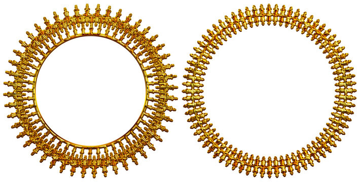 gold frame with gold ornament, This image features two intricately designed golden circular ornaments that resemble traditional Indian jewelry, possibly temple-style bangles or chokers. The 3D-rendere