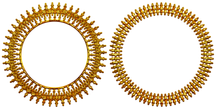 gold frame with gold ornament, This image features two intricately designed golden circular ornaments that resemble traditional Indian jewelry, possibly temple-style bangles or chokers. The 3D-rendere