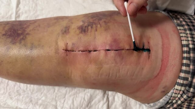 Medical sutures, stitch after surgery, stitched surgical sutures on human body smeared betadine. Medical surgical care. Close-up.