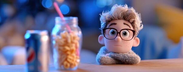 A cute cartoon character with glasses sits at a table with a soda can and a jar of snacks, set against a softly blurred, colorful background.