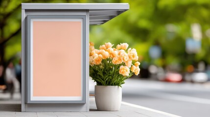 A modern bus stop with a blank billboard, next to a pot of blooming peach-colored flowers on a city sidewalk.