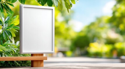 Blank outdoor billboard on a wooden stand surrounded by green foliage and trees in a sunny park setting.