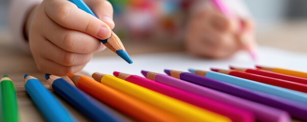 A child's hand holds a colored pencil while drawing, with a row of colorful pencils lined up on the table.