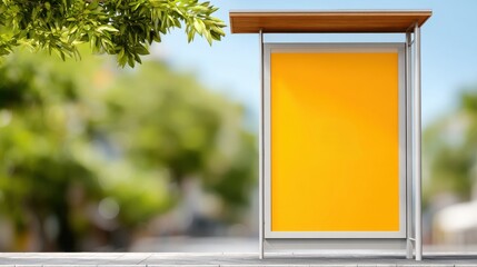 A blank yellow billboard stands outdoors under a wooden roof, with green trees in the blurred background.
