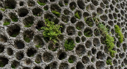 Concrete Honeycomb Wall with Green Plants: A Captivating Texture of Nature and Architecture, Featuring Geometric Patterns, Organic Growth, and Urban Symbiosis in a Unique Facade