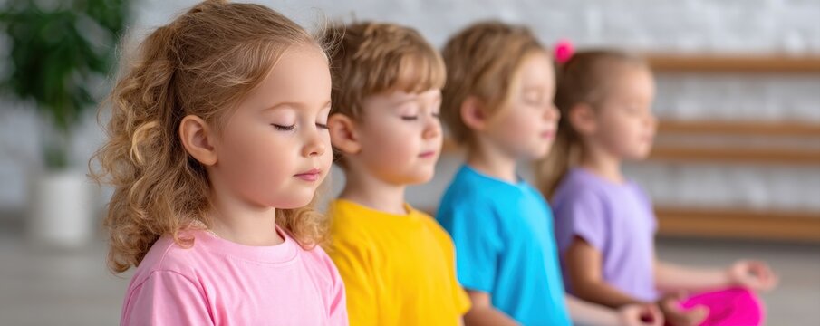 Four young children meditating indoors, sitting in a row with eyes closed, wearing colorful shirts, focusing peacefully.