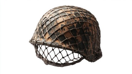 Naklejka premium A classic military helmet shown in a unique design. Its intricate netting adds character and history. Perfect for collectors and enthusiasts. Generative AI