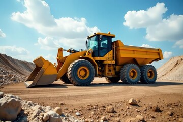 Powerful bulldozer pushing a large tipper truck, construction site , machine, work
