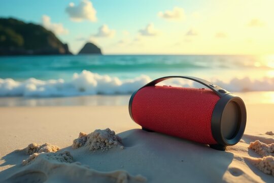 Portable Bluetooth speaker on a beach, enjoying summer vibes , seascape, sand, blue - Powered by Adobe