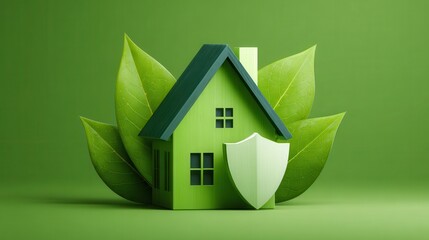 A stunning image of eco house with shield icon, green energy vibe, protective insurance symbol.