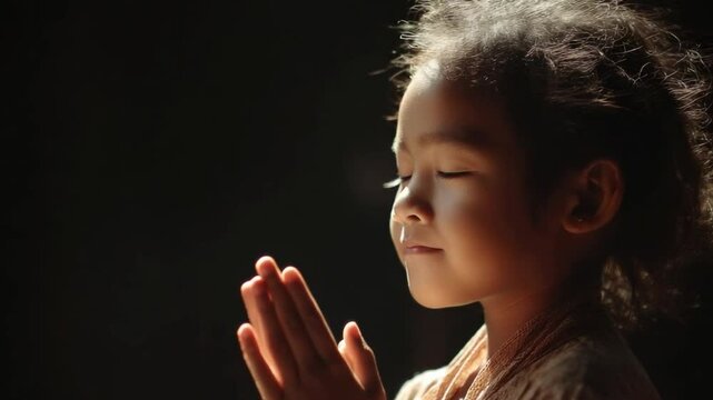 Inner Peace: A young child exudes serenity, bathed in soft light while engaged in a moment of prayer, evoking tranquility and spiritual connection.