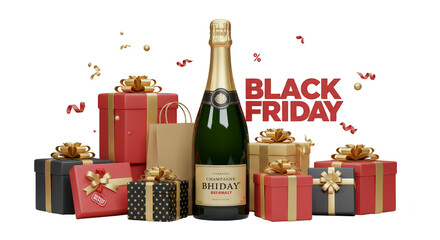 3d Illustration of Black Friday Text with Champagne Bottle and Gifts