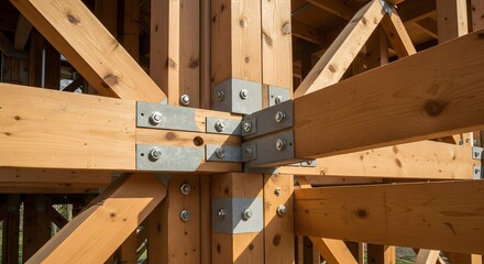 Timber Frame Construction Detail: Wood Beams & Steel Plates in Modern Architecture Design, Showcasing Structural Engineering and Sustainable Building Techniques for Eco-Friendly Homes