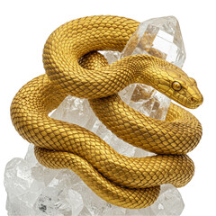 Fototapeta premium 3D Gold Snake Coiled Around Crystal on Transparent Background