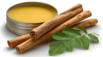 Aromatic cinnamon sticks are arranged with a metal tin of moisturizing balm and a fresh green leaf sprig on a crisp white background creating a spa aesthetic.
